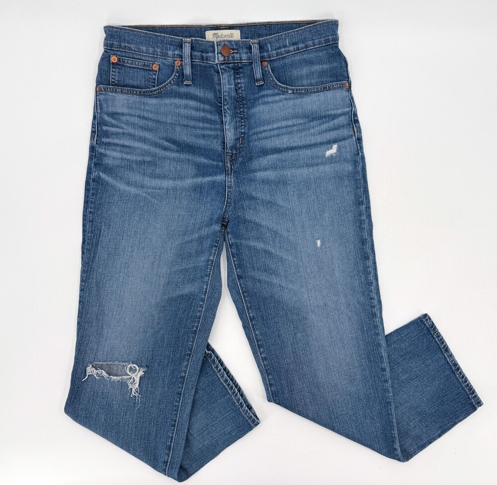 Madewell Classic Straight Jeans Womens 29 Blue Distressed High Rise Denim Pants